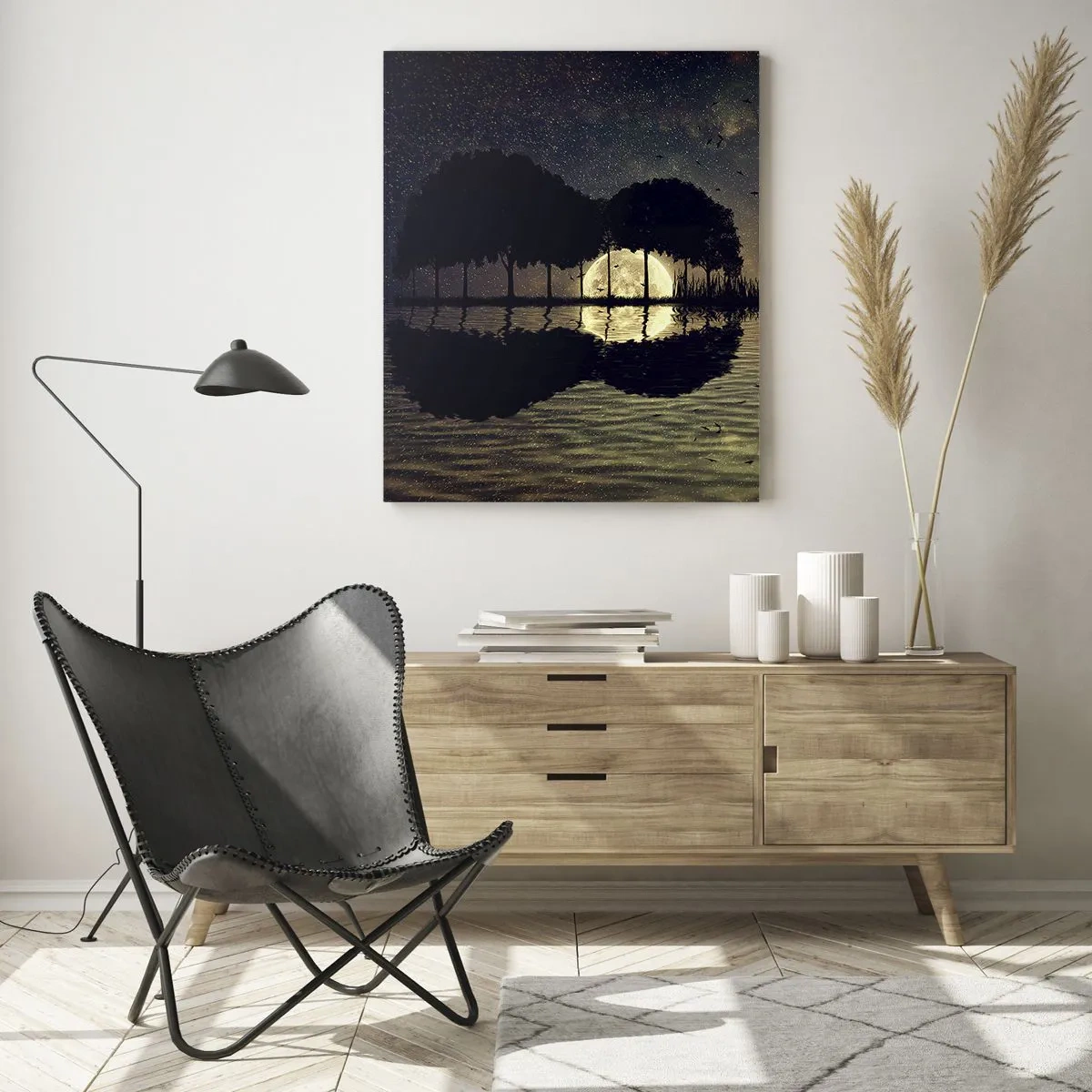 Obraz na szkle - Nocna scena z pełnią księżyca odbijającą się w wodzie - 50x70cm - Noc na krańcu świata - Nowoczesna dekoracja ścienna do salonu, kuchni i sypialni ARTTOR