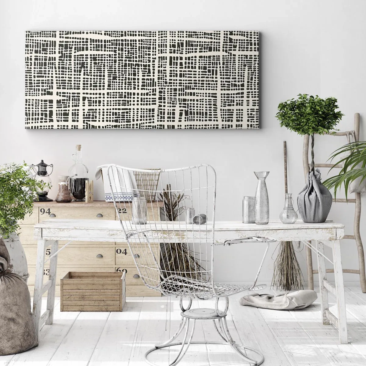 Obraz na płótnie - Geometryczny wzór przypominający siatkę na jasnym tle - 140x50cm - Kompozycja utkana - Nowoczesna dekoracja ścienna do salonu i sypialni ARTTOR