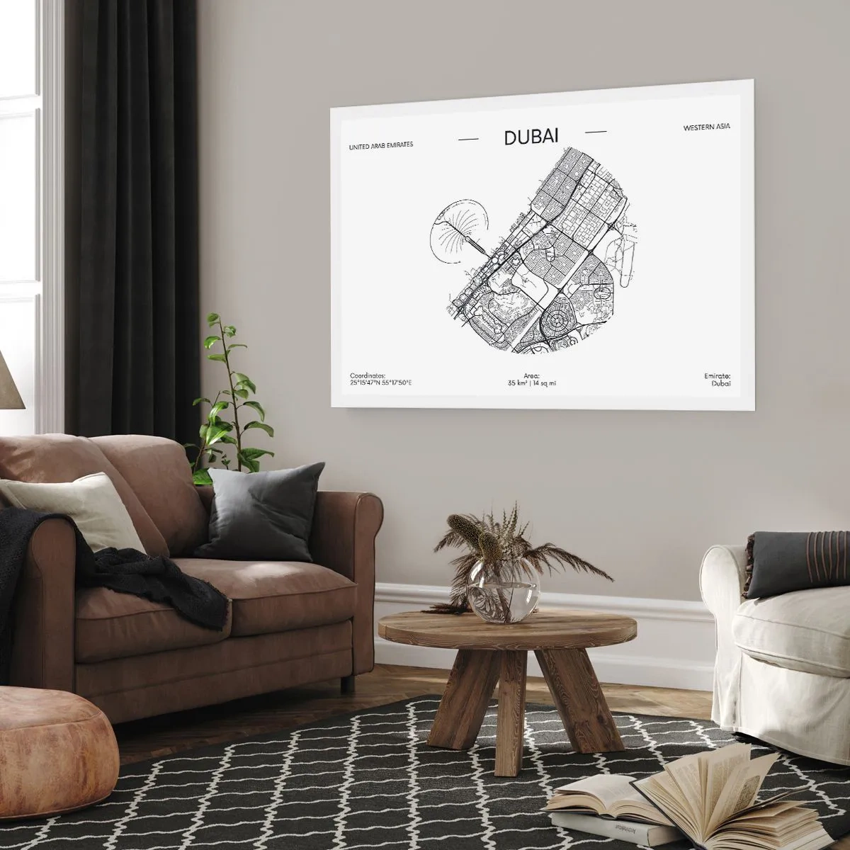 Plakat - Minimalistyczna mapa Dubaju w czarno-białej kolorystyce z oznaczeniami lokalizacji - 100x70cm - Anatomia Dubaju - Nowoczesna dekoracja ścienna do salonu i sypialni ARTTOR