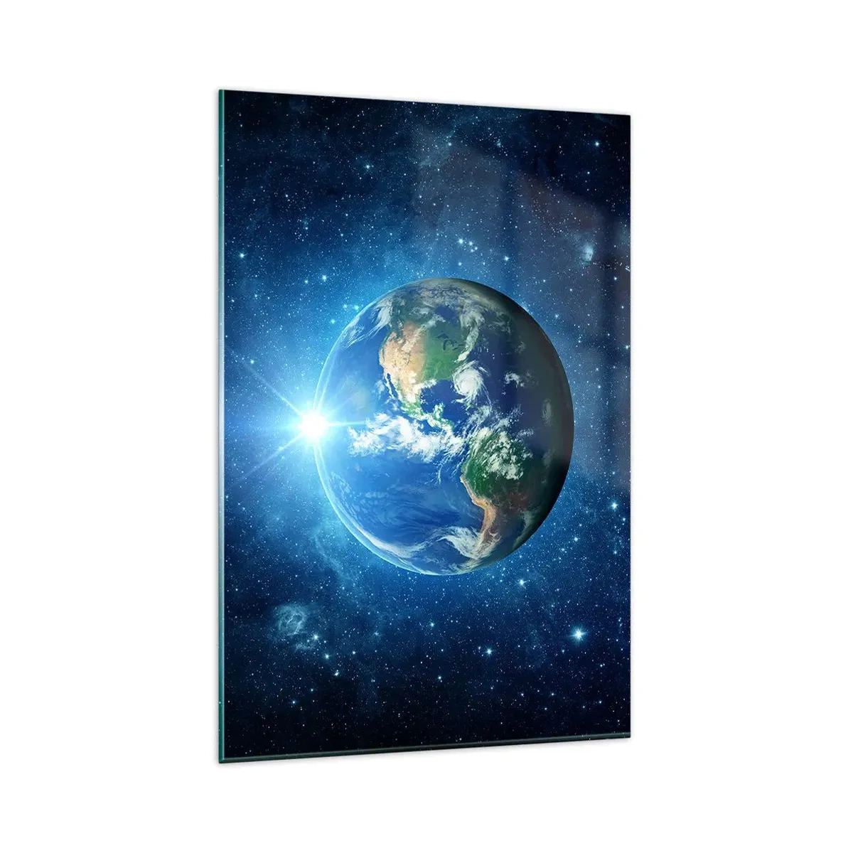 Obraz na szkle - Ziemia w kosmosie otoczona gwiazdami i światłem - 80x120cm - Jesteśmy w niebie - Nowoczesna dekoracja ścienna do salonu i sypialni ARTTOR