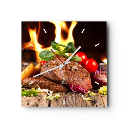 Zegar ścienny - Grillowany stek z dodatkami na tle płomieni - 30x30cm - Wyczarowane żarem - Nowoczesna dekoracja ścienna do salonu i sypialni ARTTOR