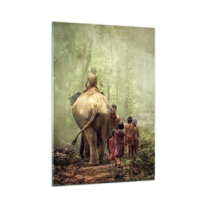 Obraz na szkle - Słoń w lesie z dziećmi w tradycyjnych strojach - 50x70cm - Nowa Księga Dżungli - Nowoczesna dekoracja ścienna do salonu, kuchni i sypialni ARTTOR