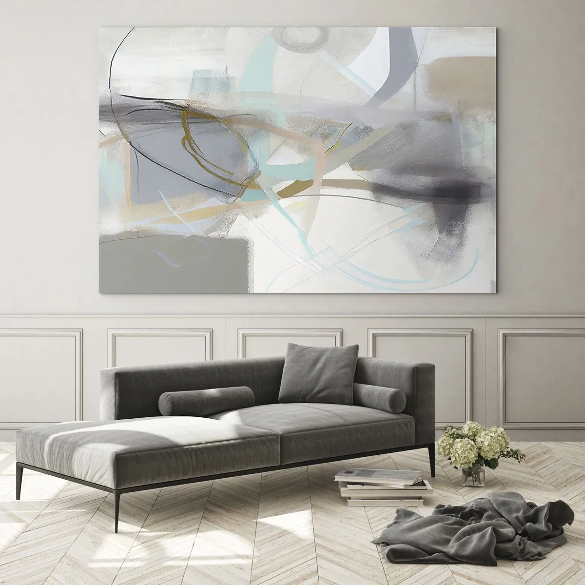 Obraz na szkle - Zamglona abstrakcja z pastelowymi i grafitowymi akcentami - 70x50cm - Abstrakcja zamglona - Nowoczesna dekoracja ścienna do salonu i sypialni ARTTOR