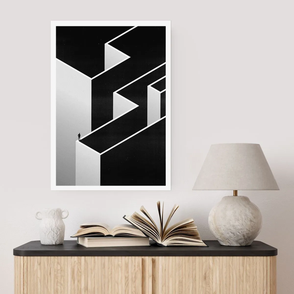 Plakat - Minimalistyczny labirynt w czerni i bieli - 50x70cm - Samotność na szczycie - Nowoczesna dekoracja ścienna do salonu, kuchni i sypialni ARTTOR