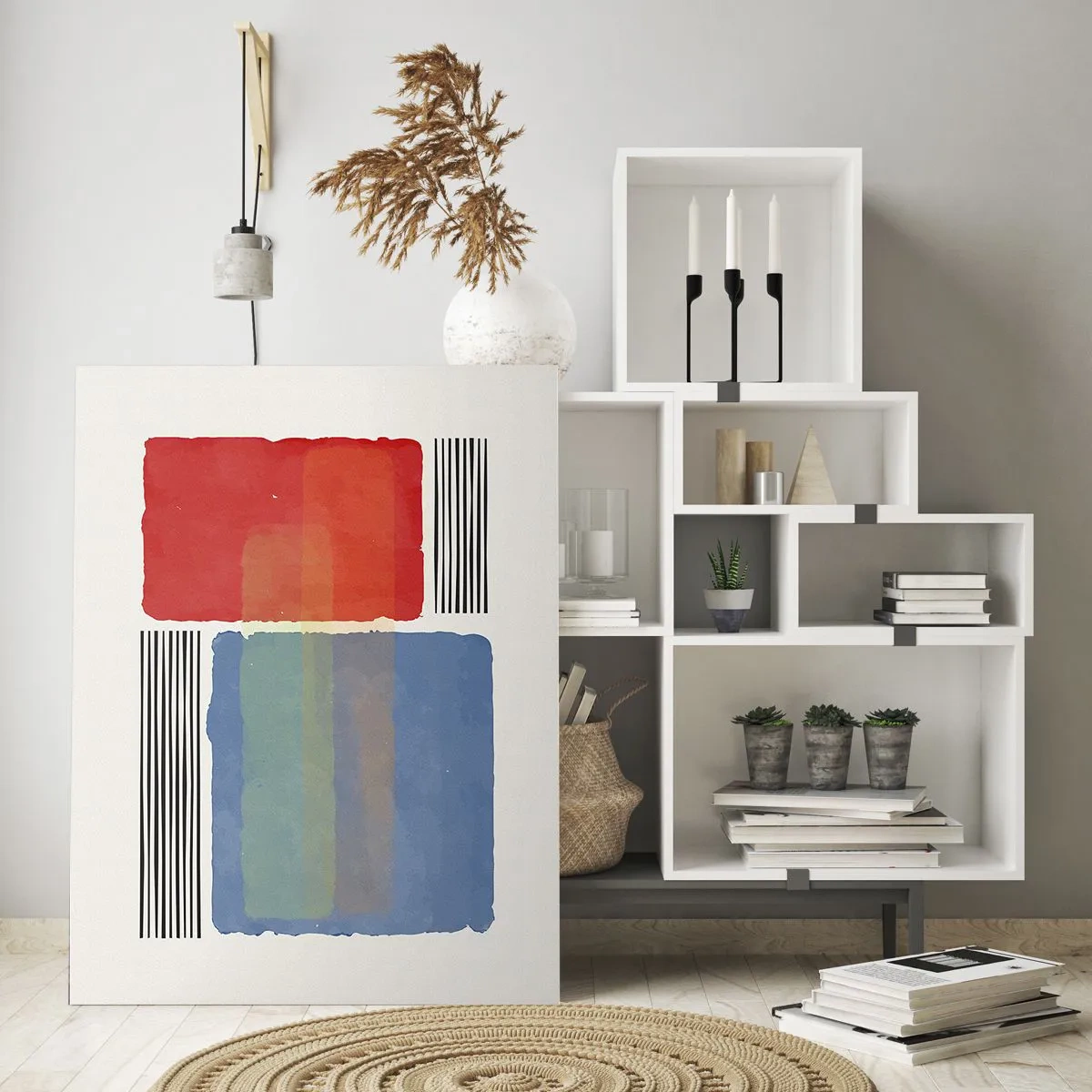 Obraz na szkle - Geometryczna kompozycja z kolorowymi blokami i liniami - 70x100cm - Duch i litera geometrii - Nowoczesna dekoracja ścienna do salonu i sypialni ARTTOR