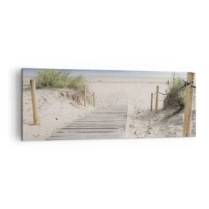Obraz na płótnie - Ścieżka z desek prowadząca na piaszczystą plażę - 140x50cm - Po horyzont - Nowoczesna dekoracja ścienna do salonu i sypialni ARTTOR