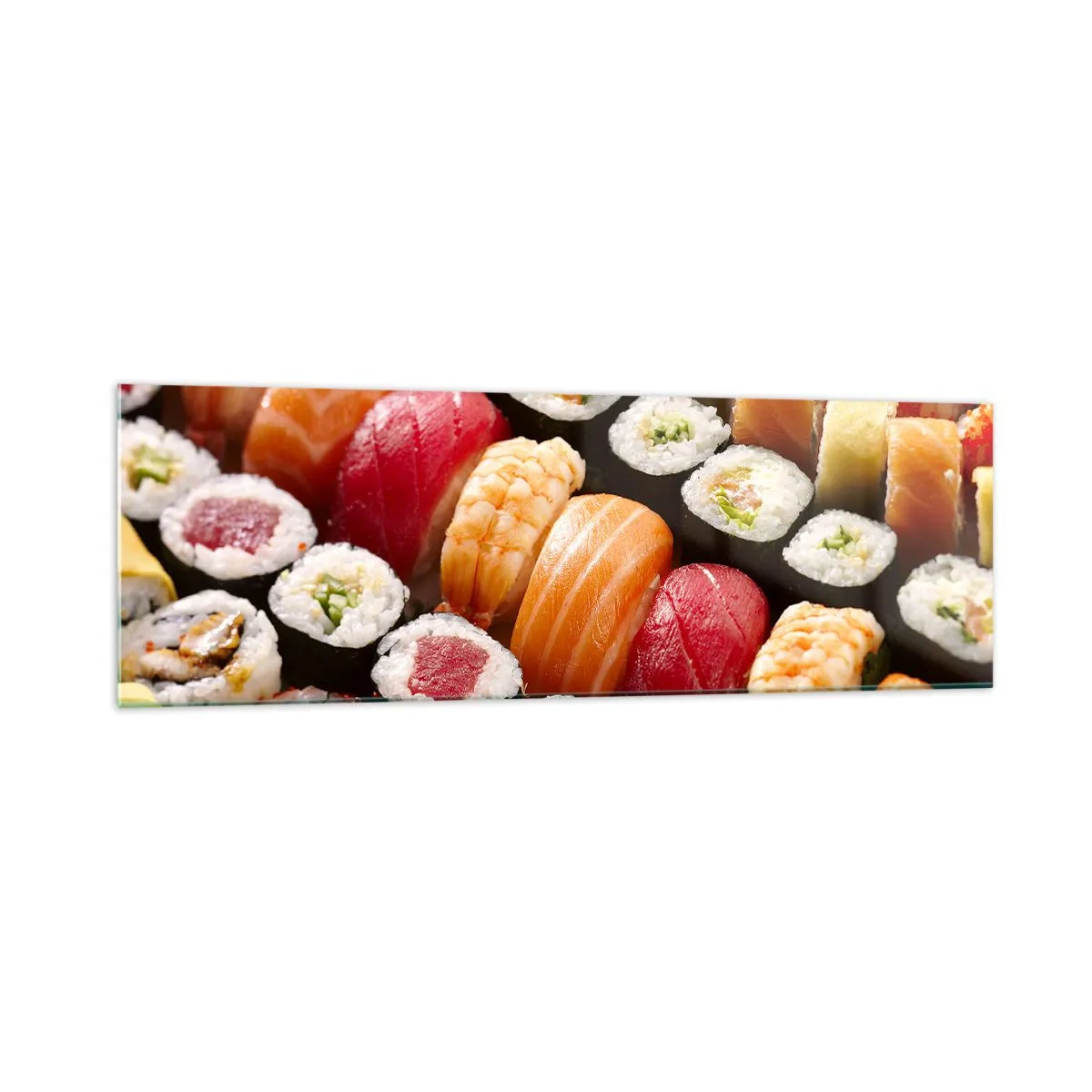 Obraz na szkle - Kolorowe sushi ułożone w rzędy z różnorodnymi dodatkami - 160x50cm - Barwy i smaki Azji - Nowoczesna dekoracja ścienna do salonu i sypialni ARTTOR