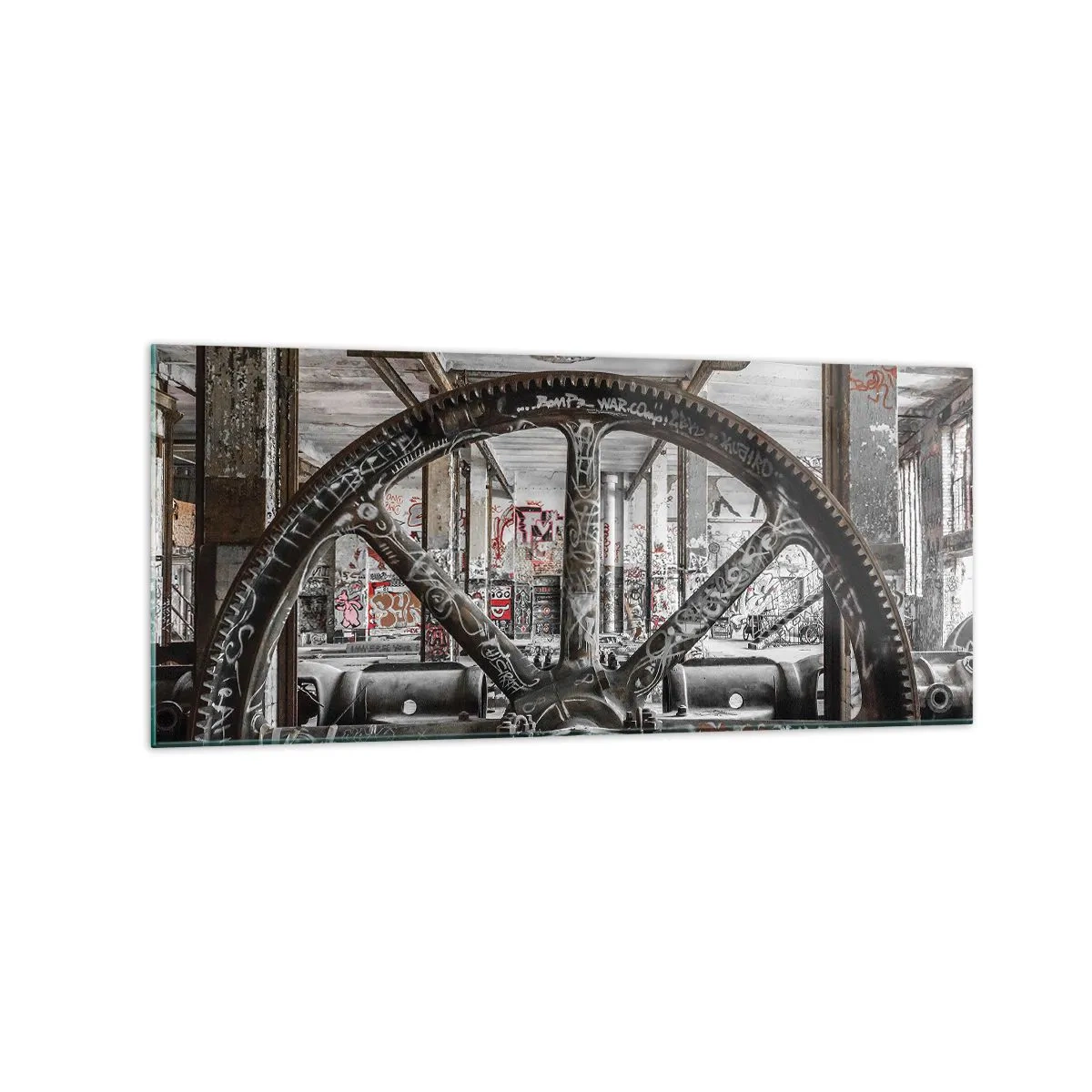 Obraz na szkle - Stary mechanizm w opuszczonym industrialnym wnętrzu - 120x50cm - Sekretne życie fabryki - Nowoczesna dekoracja ścienna do salonu i sypialni ARTTOR