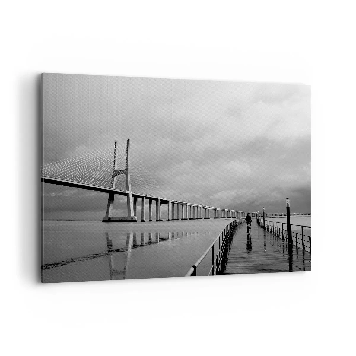 Obraz na płótnie - Most wiszący nad wodą w czarno-białej tonacji - 120x80cm - Każdemu co mu się należy - Nowoczesna dekoracja ścienna do salonu, kuchni i sypialni ARTTOR