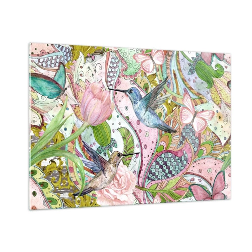 Obraz na szkle - Kolorowe kolibry wśród kwiatów i motyli - 100x70cm - Wplątane w pnączach - Nowoczesna dekoracja ścienna do salonu, kuchni i sypialni ARTTOR