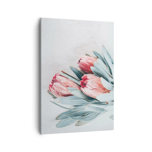 Obraz na płótnie - Bukiet protei z niebiesko-zielonymi liśćmi na jasnym tle - 50x70cm - Zawstydzone własną urodą - Nowoczesna dekoracja ścienna do salonu, kuchni i sypialni ARTTOR