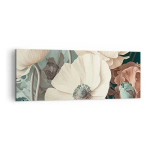 Obraz na płótnie - Eleganckie kwiaty w pastelowych odcieniach na zielonym tle - 140x50cm - Szept maków - Nowoczesna dekoracja ścienna do salonu i sypialni ARTTOR