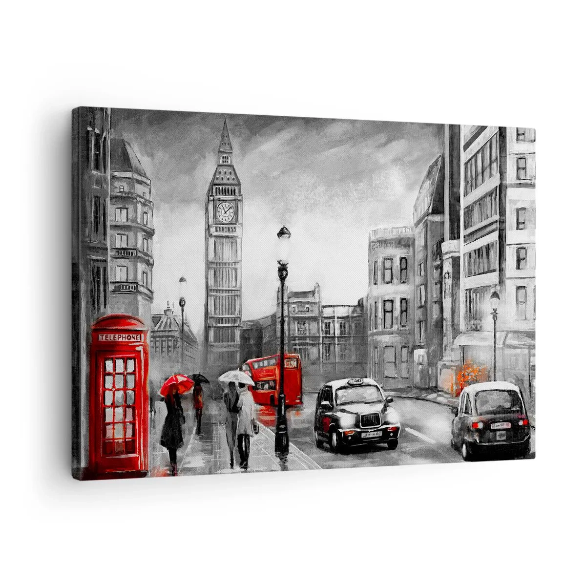Obraz na płótnie - Scena z Londynu w czarno-białym stylu z czerwonymi akcentami - 70x50cm - Wcale nie szare miasto - Nowoczesna dekoracja ścienna do salonu i sypialni ARTTOR