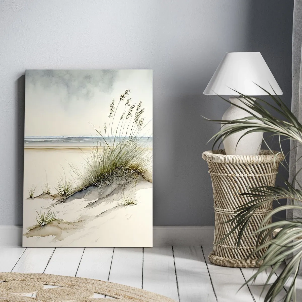 Obraz na płótnie - Piaskowa wydma z trawami na tle spokojnego morza i nieba - 50x70cm - Wypieszczone przez wiatr - Nowoczesna dekoracja ścienna do salonu, kuchni i sypialni ARTTOR