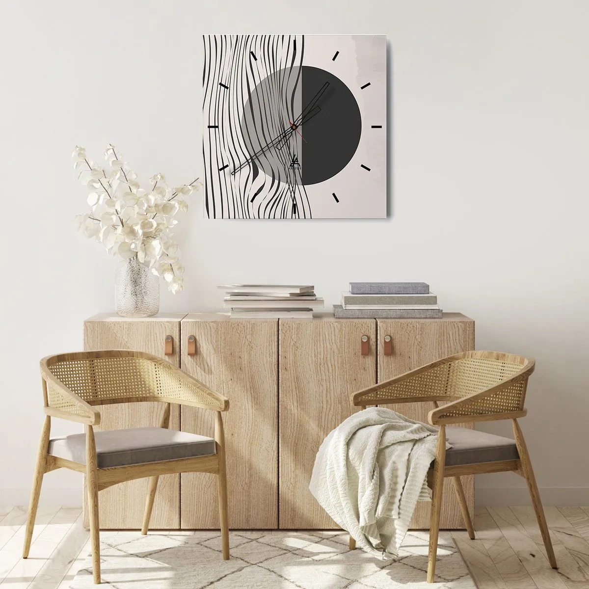 Zegar ścienny - Abstrakcyjne linie i geometryczne kształty w stonowanych barwach - 30x30cm - Kompozycja połowiczna - Nowoczesna dekoracja ścienna do salonu i sypialni ARTTOR