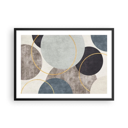 Plakat w czarnej ramie - Geometryczne okręgi w odcieniach szarości, błękitu i złota - 70x50cm - Koło za kołem - Nowoczesna dekoracja ścienna do salonu i sypialni ARTTOR