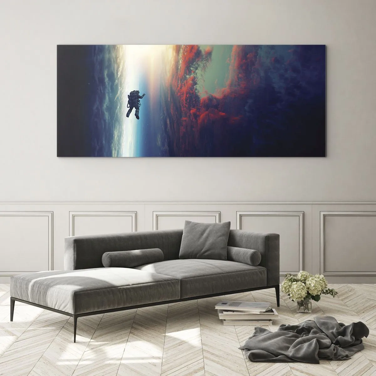 Obraz na szkle - Astronauta unoszący się w kosmosie nad kolorową Ziemią - 120x50cm - Mierzyć się ze wszechświatem - Nowoczesna dekoracja ścienna do salonu i sypialni ARTTOR