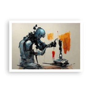 Plakat - Robot przy pracy z abstrakcyjnym tłem - 100x70cm - Już jutro… - Nowoczesna dekoracja ścienna do salonu i sypialni ARTTOR