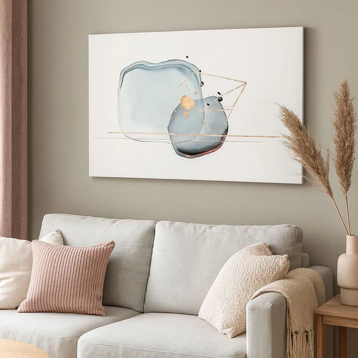 Obraz na płótnie - Abstrakcyjne formy w odcieniach błękitu i złota na białym tle - 70x50cm - Studium kropli - Nowoczesna dekoracja ścienna do salonu i sypialni ARTTOR