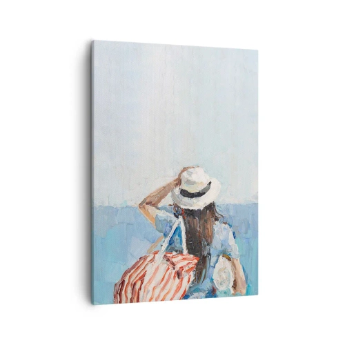 Obraz na płótnie - Obraz w stylu impresjonistycznym przedstawiający kobietę nad morzem - 50x70cm - Witaj na wakacjach - Nowoczesna dekoracja ścienna do salonu, kuchni i sypialni ARTTOR
