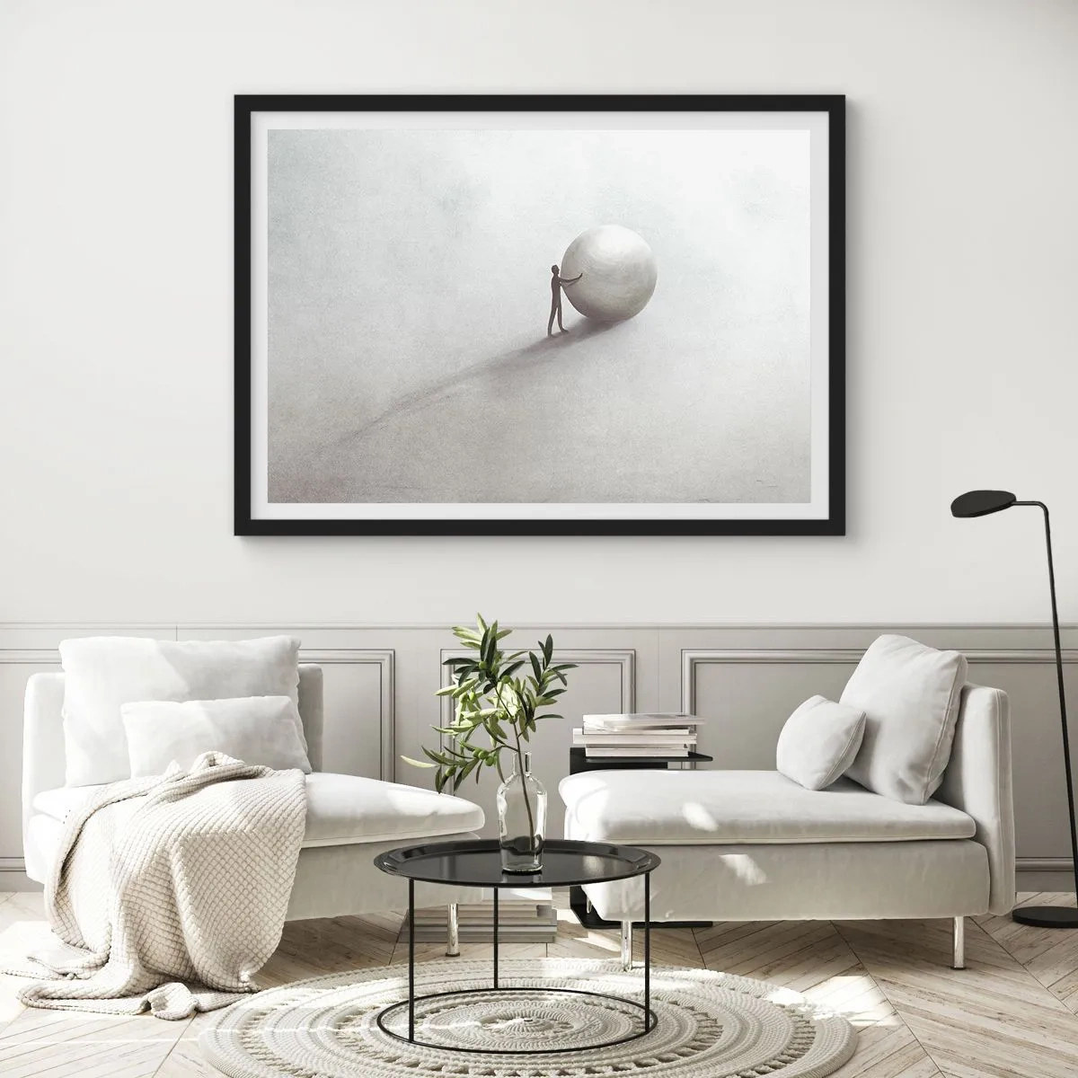 Plakat w czarnej ramie - Minimalistyczna postać z kulą na jasnym, monochromatycznym tle - 70x50cm - Gra życia - Nowoczesna dekoracja ścienna do salonu i sypialni ARTTOR