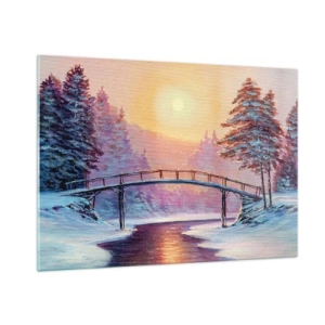 Obraz na szkle - Zimowy krajobraz z mostkiem nad rzeką o zachodzie słońca - 100x70cm - Cztery pory roku - zima - Nowoczesna dekoracja ścienna do salonu, kuchni i sypialni ARTTOR