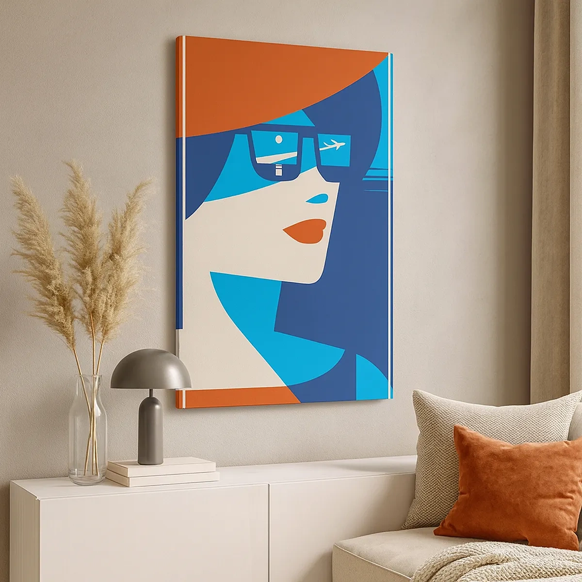 Obraz na płótnie - Grafika kobiety w okularach przeciwsłonecznych z odbiciem samolotu - 50x70cm - Wakacyjna podróż - Nowoczesna dekoracja ścienna do salonu, kuchni i sypialni ARTTOR