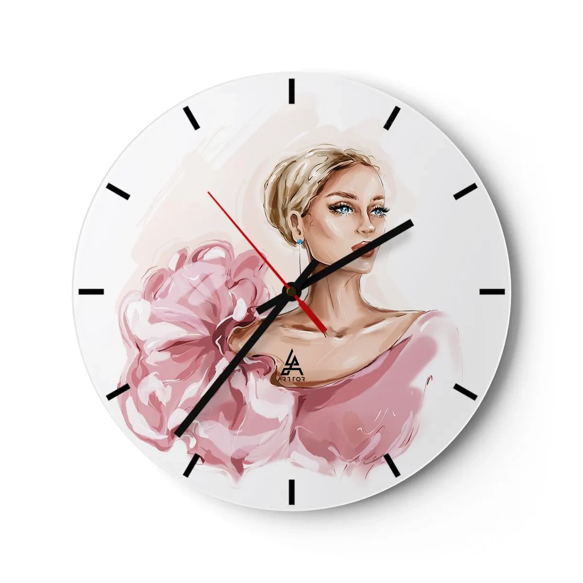Zegar ścienny - Stylizowany portret kobiety w różowej sukni na białym tle - 30x30cm - Jak  malowana… - Nowoczesna dekoracja ścienna do salonu, kuchni i sypialni ARTTOR