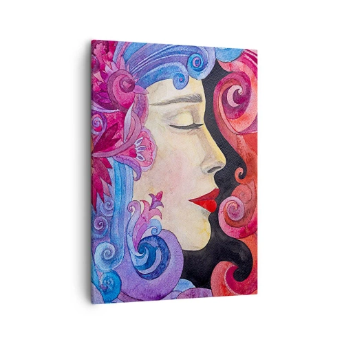 Obraz na płótnie - Kobieca twarz otoczona kolorowymi, falującymi wzorami - 50x70cm - Secesja wciąż żywa - Nowoczesna dekoracja ścienna do salonu, kuchni i sypialni ARTTOR