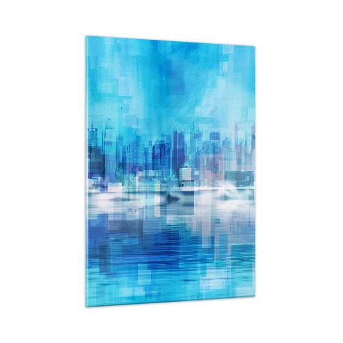 Obraz na szkle - Nowoczesna panorama miasta w odcieniach błękitu - 50x70cm - Zatopione w błękicie - Nowoczesna dekoracja ścienna do salonu, kuchni i sypialni ARTTOR