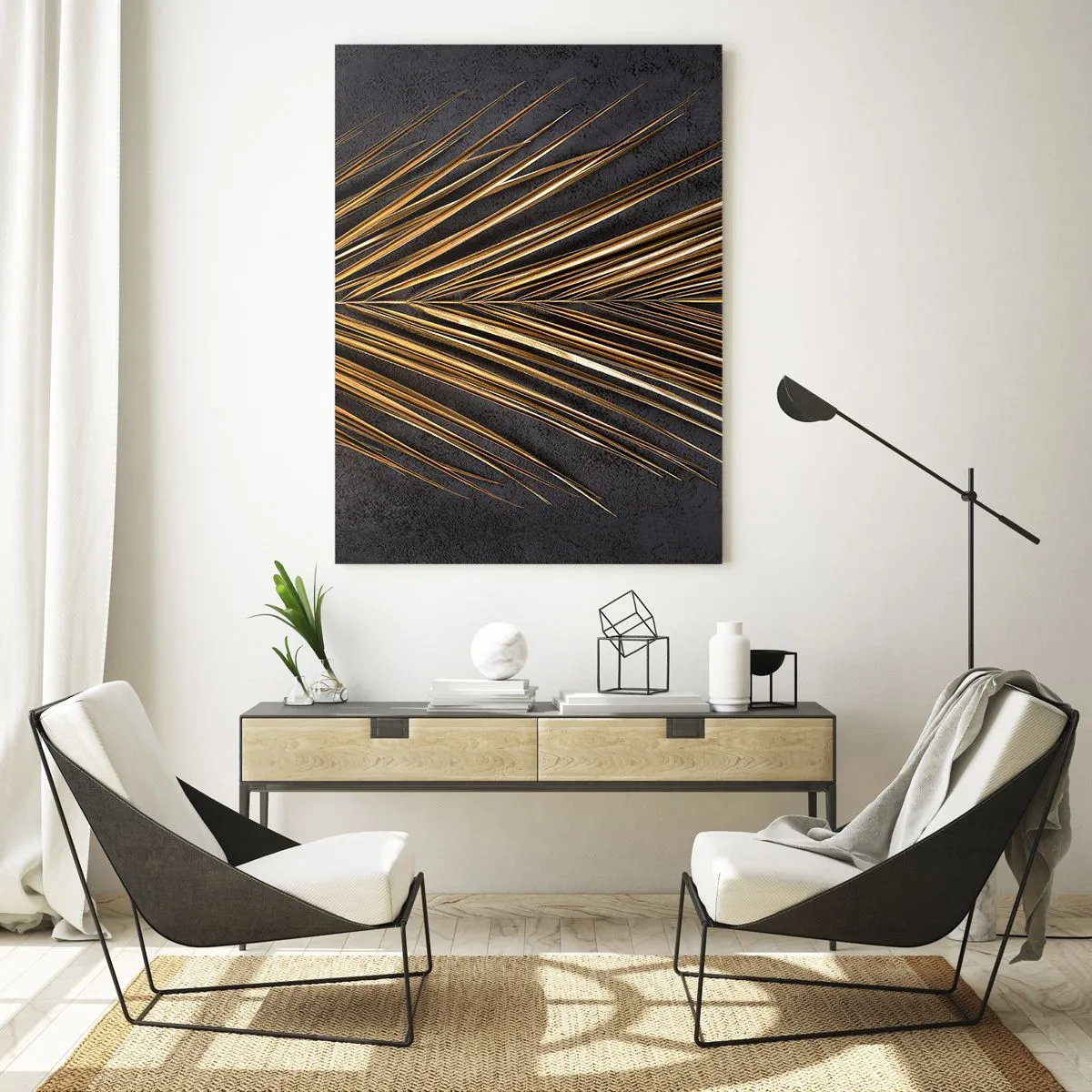 Obraz na szkle - Złoty liść palmowy na ciemnym tle - 50x70cm - Złoto tropików - Nowoczesna dekoracja ścienna do salonu, kuchni i sypialni ARTTOR