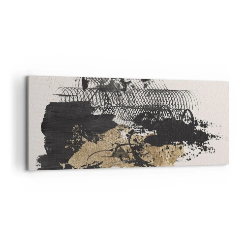 Obraz na płótnie - Abstrakcyjny obraz w czerni i złocie z dynamicznymi liniami i strukturami - 120x50cm - Kompozycja z pasją - Nowoczesna dekoracja ścienna do salonu i sypialni ARTTOR