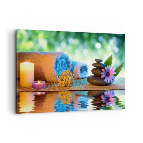 Obraz na płótnie - Relaksacyjny zestaw SPA z ręcznikami, świecami i kamieniami - 120x80cm - Czas dla ciała - Nowoczesna dekoracja ścienna do salonu, kuchni i sypialni ARTTOR