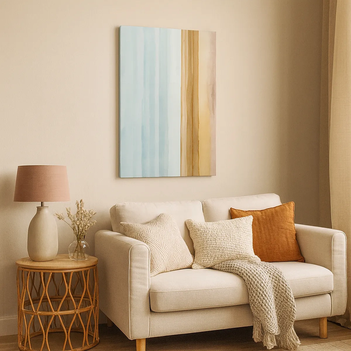 Obraz na płótnie - Abstrakcyjne pasy w odcieniach błękitu, beżu i brązu - 50x70cm - Ukojenie - Nowoczesna dekoracja ścienna do salonu, kuchni i sypialni ARTTOR