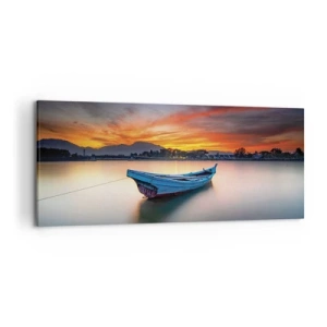 Obraz na płótnie - Łódź na wodzie podczas malowniczego zachodu słońca - 120x50cm - Nadchodzi dobra noc - Nowoczesna dekoracja ścienna do salonu i sypialni ARTTOR