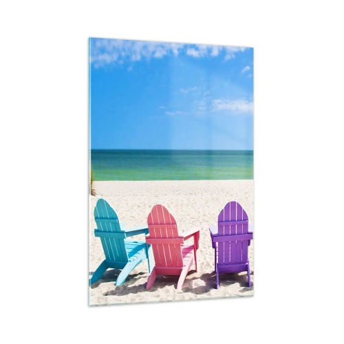 Obraz na szkle - Kolorowe leżaki na plaży z widokiem na morze - 70x100cm - Tęczowa plaża - Nowoczesna dekoracja ścienna do salonu i sypialni ARTTOR
