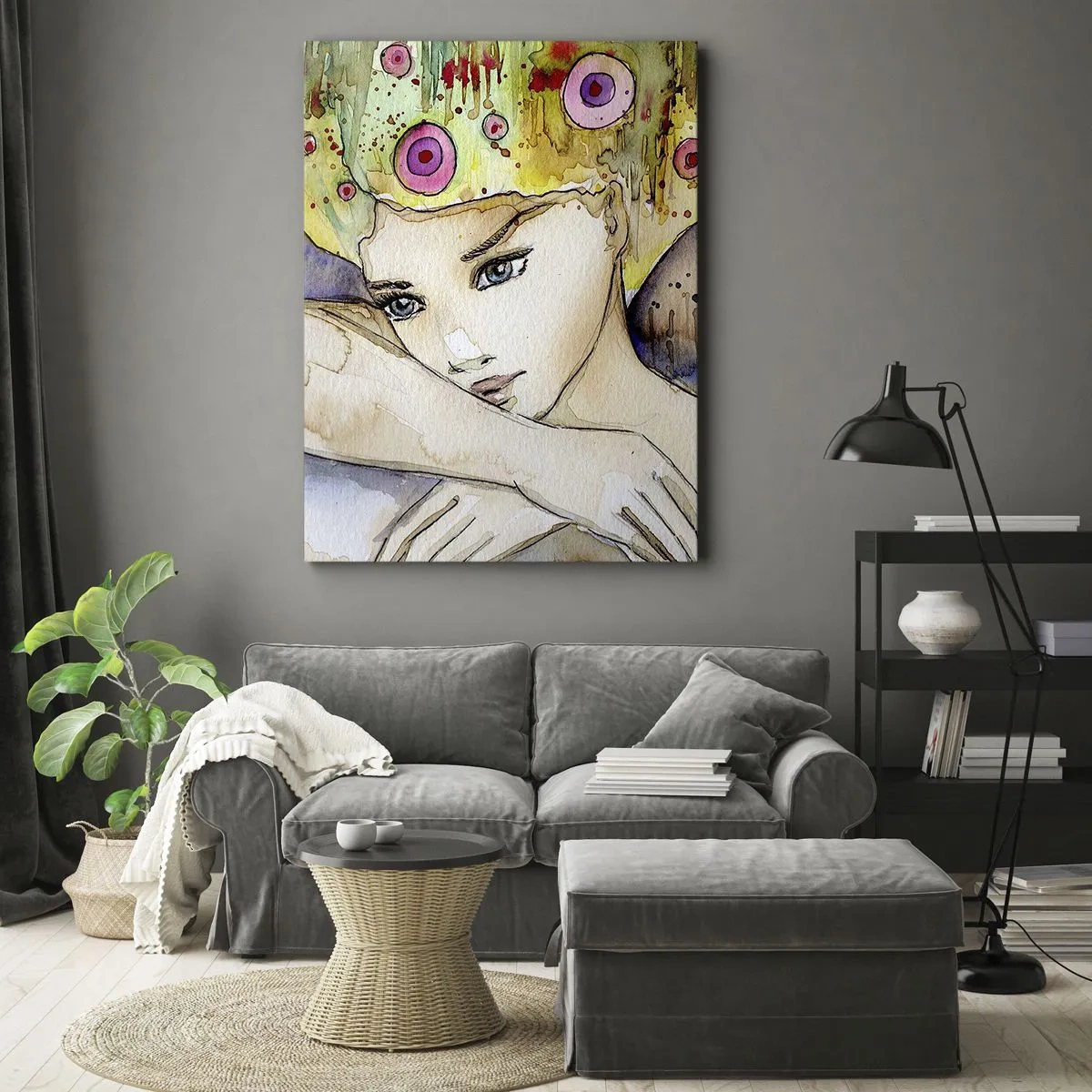 Obraz na płótnie - Motyla księżniczka - Akwarelowy portret kobiety z kolorową abstrakcją - 50x70cm