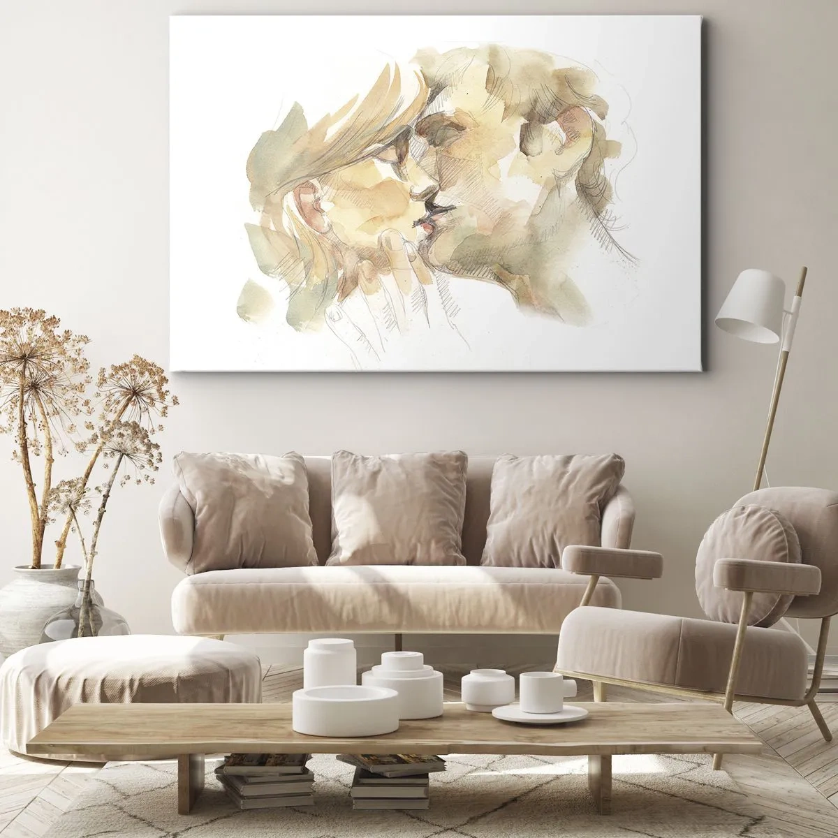 Obraz na płótnie - Romantyczny akwarelowy portret pary w pocałunku - 70x50cm - Odnaleziona połowa? - Nowoczesna dekoracja ścienna do salonu i sypialni ARTTOR