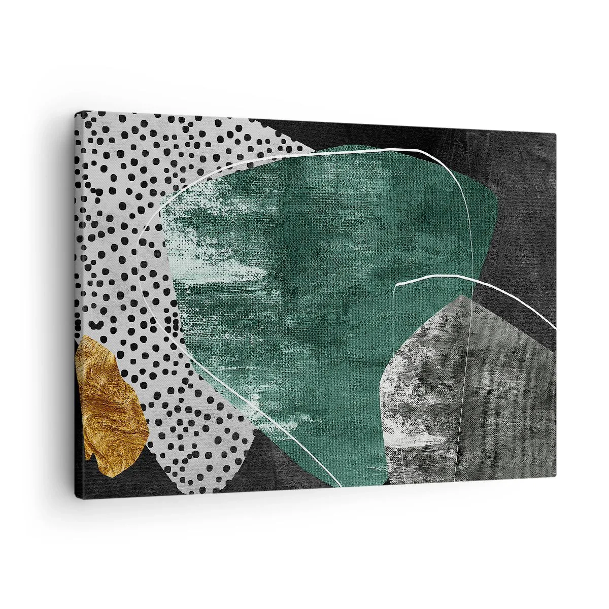 Obraz na płótnie - Abstrakcyjna kompozycja z zielonymi kształtami i wzorami kropek - 70x50cm - Barwna abstrakcja z płatkiem złota - Nowoczesna dekoracja ścienna do salonu i sypialni ARTTOR