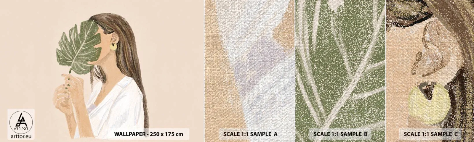 Fototapeta Próbka Premium Canvas - Tajemniczy portret z wachlarzem - Liść, Kobieta, Boho - 100x30 cm