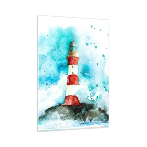Obraz na szkle - Latarnia morska w akwarelowej scenerii z błękitnym tłem - 80x120cm - Jedność żywiołów - Nowoczesna dekoracja ścienna do salonu i sypialni ARTTOR