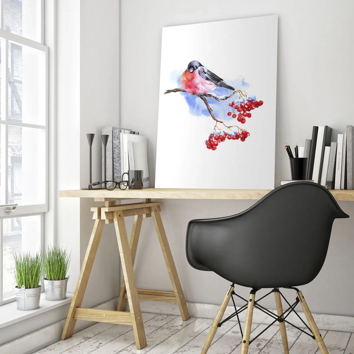 Obraz na szkle - Ptak na gałęzi jarzębiny - 50x70cm - Zima w kolorze - Nowoczesna dekoracja ścienna do salonu, kuchni i sypialni ARTTOR