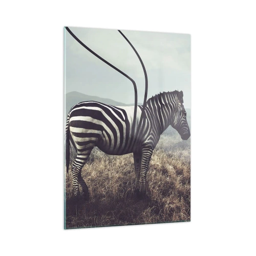 Obraz na szkle - Zebra na tle trawy z surrealistycznym detalem anten - 50x70cm - Uwaga! Usterka - Nowoczesna dekoracja ścienna do salonu, kuchni i sypialni ARTTOR