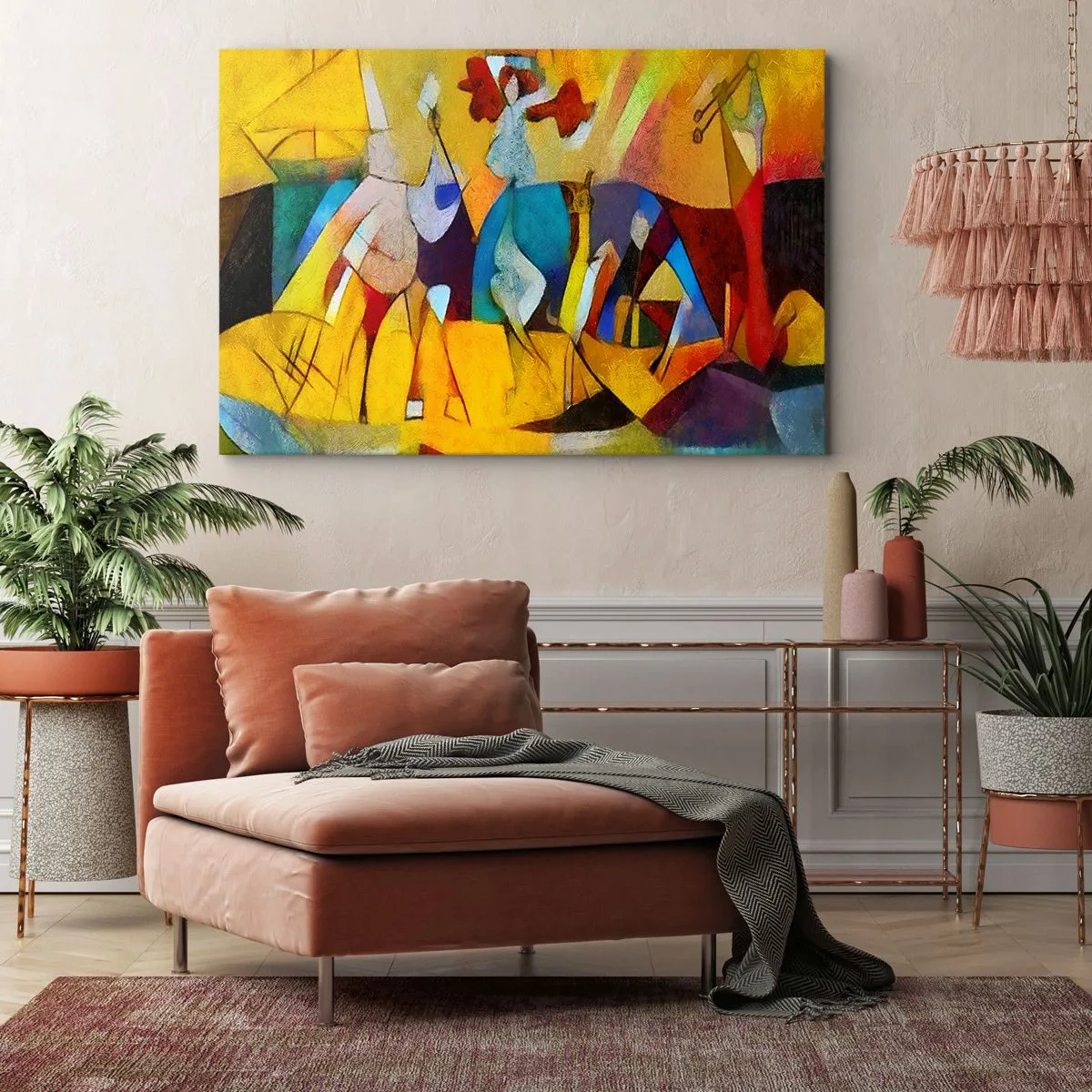 Obraz na płótnie - Kolorowa abstrakcja przedstawiająca postacie w geometrycznej formie - 100x70cm - Słońce - życie - radość - Nowoczesna dekoracja ścienna do salonu, kuchni i sypialni ARTTOR
