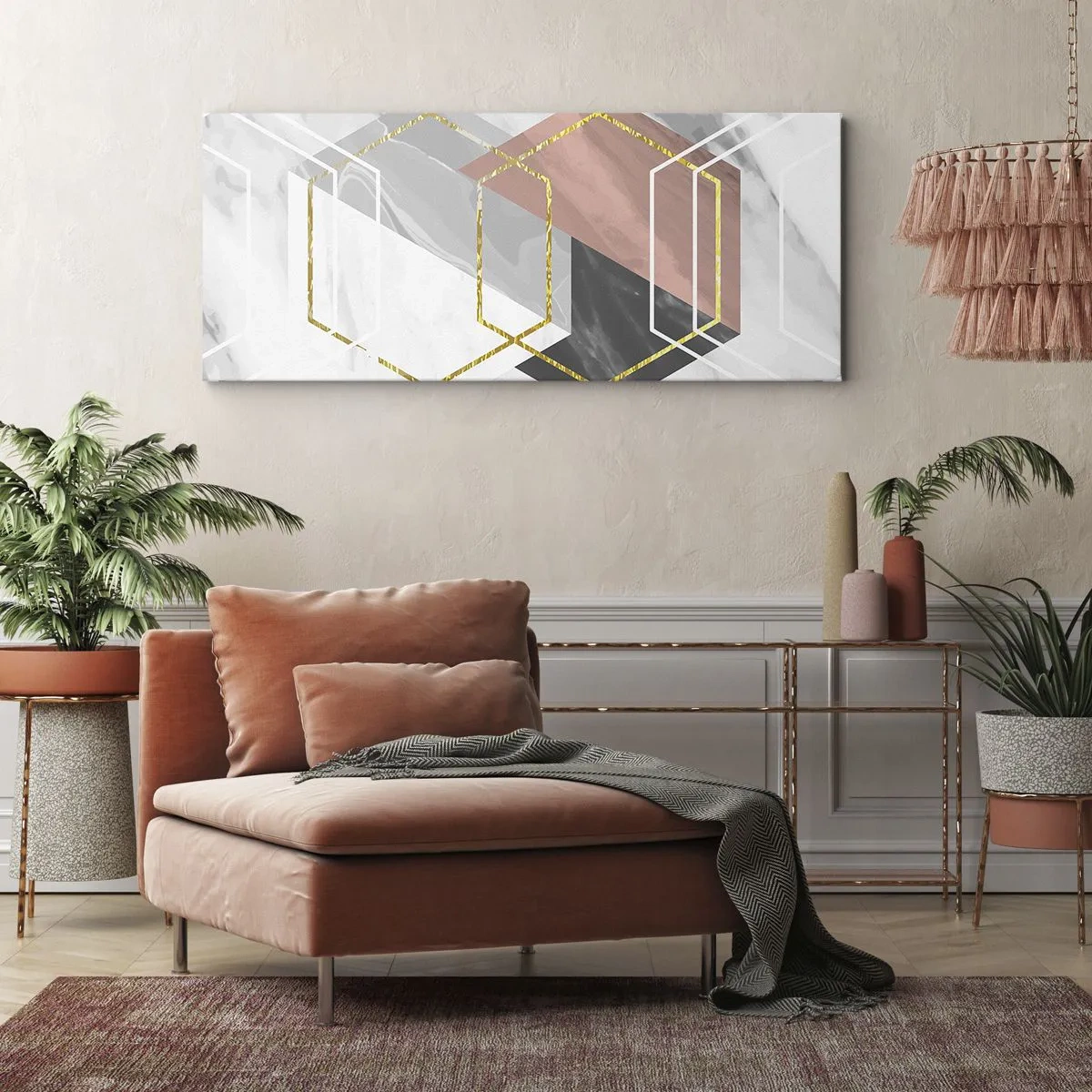 Obraz na płótnie - Geometryczne figury z akcentami złota i marmuru - 140x50cm - Kompozycja łańcuchowa - Nowoczesna dekoracja ścienna do salonu i sypialni ARTTOR