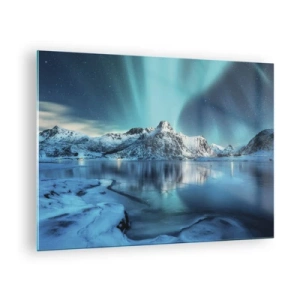 Obraz na szkle - Zorza polarna nad ośnieżonymi górami - 70x50cm - Noc światła - Nowoczesna dekoracja ścienna do salonu i sypialni ARTTOR