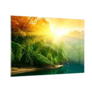 Obraz na szkle - Słoneczne promienie nad zieloną roślinnością przy rzece - 100x70cm - Utonąć w słońcu i w cieniu - Nowoczesna dekoracja ścienna do salonu, kuchni i sypialni ARTTOR