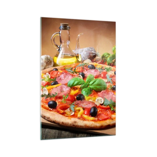 Obraz na szkle - Apetyczna pizza na drewnianym stole z dodatkami - 70x100cm - Z prawdziwie włoskim smakiem - Nowoczesna dekoracja ścienna do salonu i sypialni ARTTOR