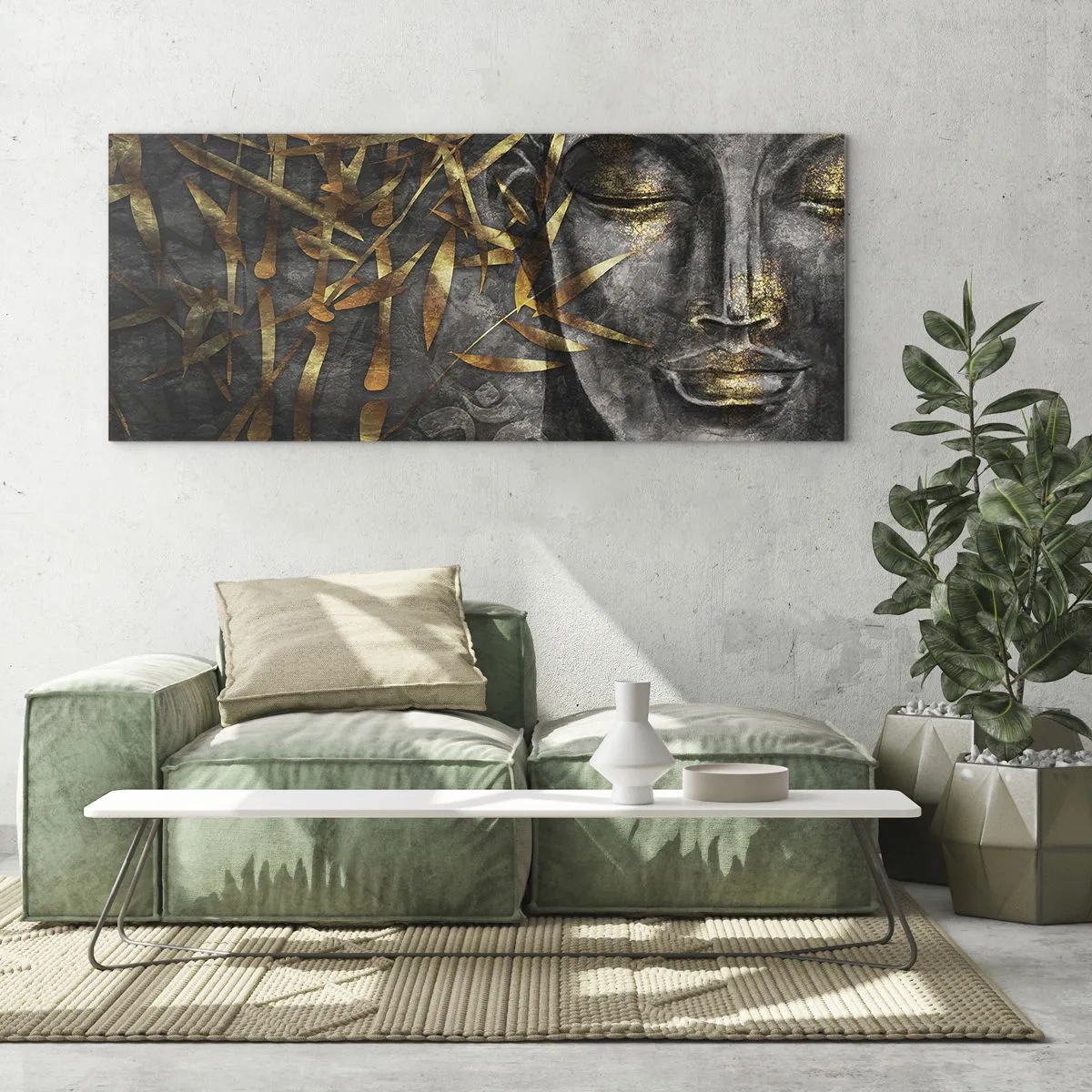 Obraz na szkle - Zen wizerunek Buddy z złotymi bambusami - 120x50cm - Poczuj spokój - Nowoczesna dekoracja ścienna do salonu i sypialni ARTTOR