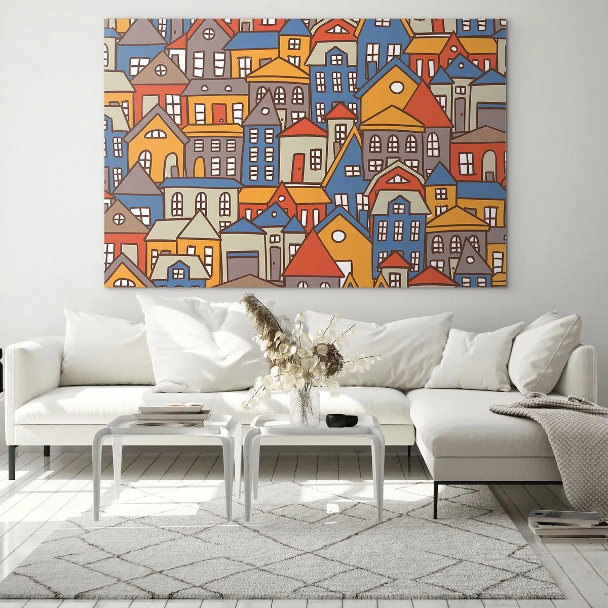 Obraz na szkle - Kolorowe domki w stylu graficznym tworzące wesoły krajobraz - 70x50cm - Za domem dom - Nowoczesna dekoracja ścienna do salonu i sypialni ARTTOR